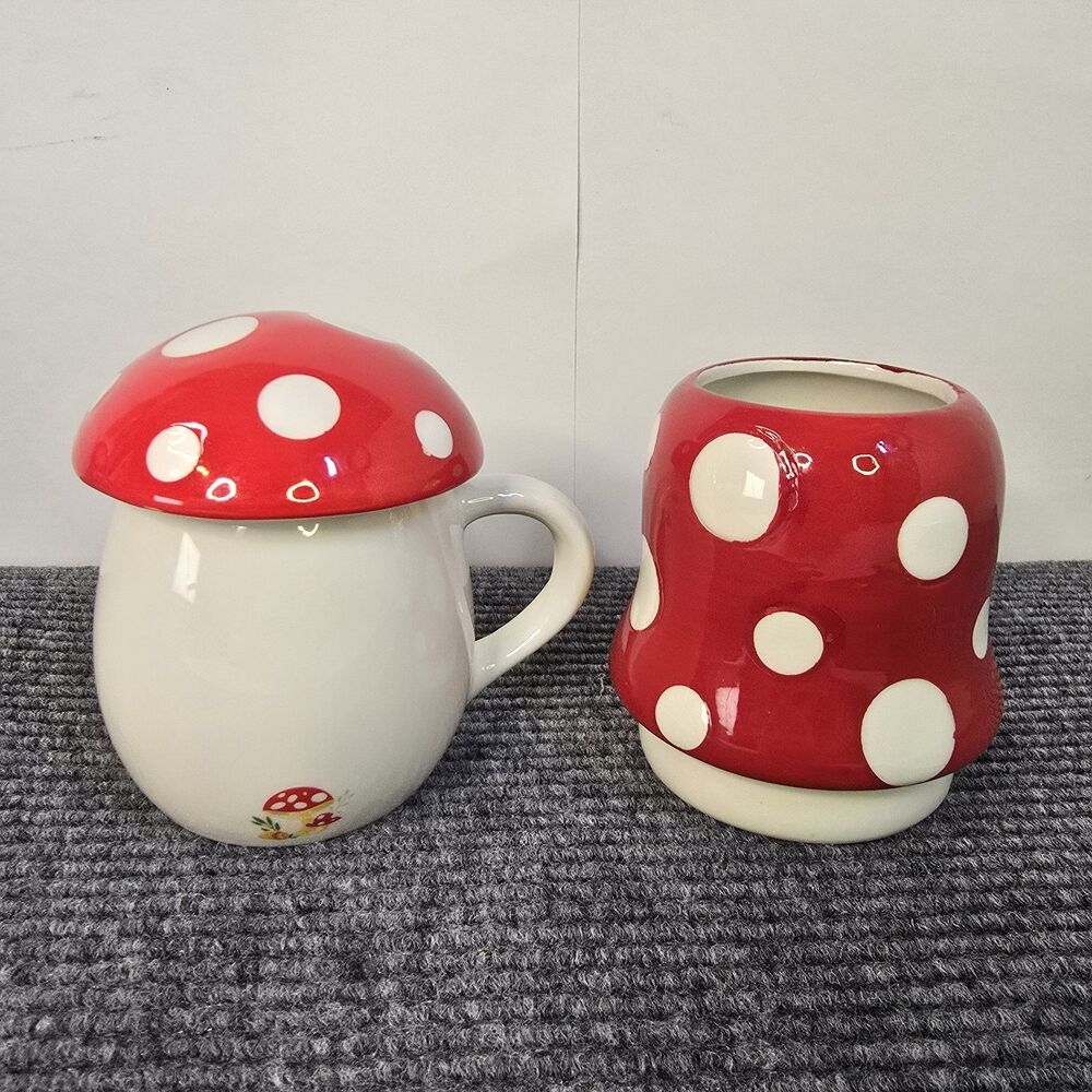 Mushroom Ceramic Coffee Cup Mug with Lid & Pencil Holder Red White Polka Dots